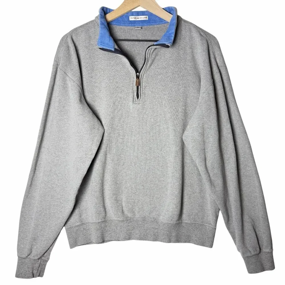 Peter Millar Golf 1/4 Zip Gray Pullover Sweatshirt Blue Collar Men's Size M